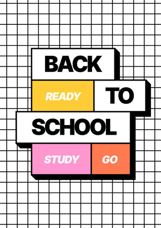 Back to school layout template. Design with geometric shapes and y2k patches, labels, tags, stickers for your flyer, poster, cover, brochure or banner. Trendy promo labels.のイラスト素材