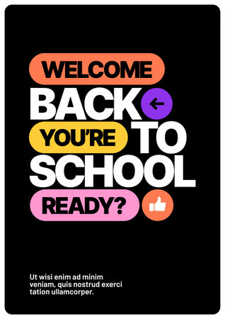 Back to school layout template. Design with geometric shapes and y2k patches, labels, tags, stickers for your flyer, poster, cover, brochure or banner. Trendy promo labels.のイラスト素材