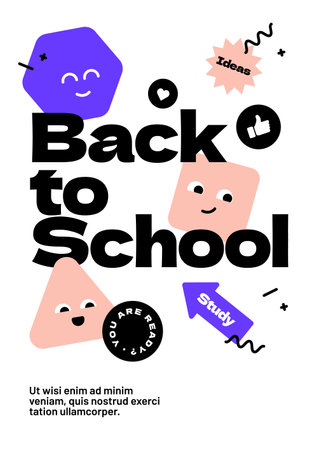 Back to school layout template. Design with colorful cartoon characters and eye catching typography for your flyer, poster, cover, brochure or banner. Trendy promo labels.のイラスト素材