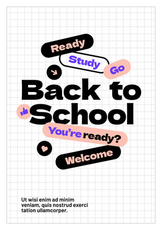 Back to school layout template. Design with geometric shapes and y2k patches, labels, tags, stickers for your flyer, poster, cover, brochure or banner. Trendy promo labels.のイラスト素材