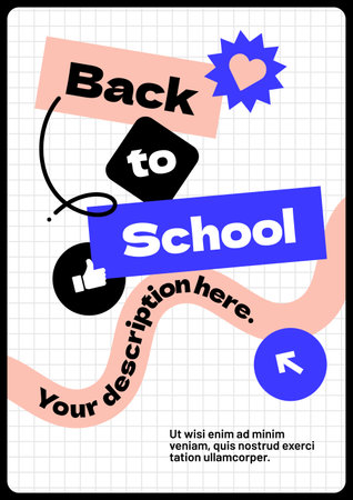 Back to school layout template. Design with geometric shapes and y2k patches, labels, tags, stickers for your flyer, poster, cover, brochure or banner. Trendy promo labels.のイラスト素材