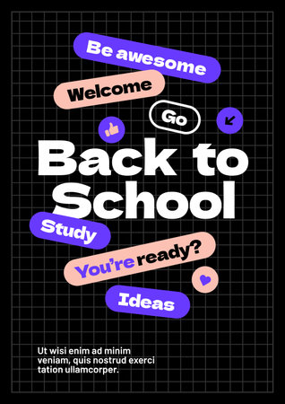 Back to school layout template. Design with geometric shapes and y2k patches, labels, tags, stickers for your flyer, poster, cover, brochure or banner. Trendy promo labels.のイラスト素材