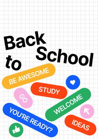 Back to school layout template. Design with geometric shapes and y2k patches, labels, tags, stickers...