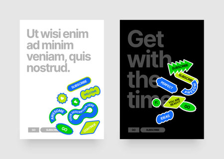 Layout template with geometric shapes and y2k patches, labels, tags, stickers for flyer, poster, cover, brochure or banner.のイラスト素材