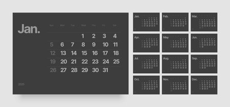 Monthly calendar template for 2025 year. Wall or desk calendar in dark color. Week Starts on Sunday.のイラスト素材
