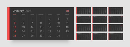 Monthly calendar template for 2025 year. Quarterly calendar in dark color. Week Starts on Sunday.のイラスト素材