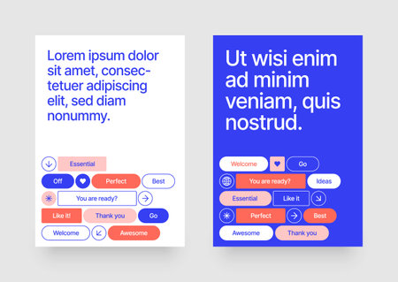 Layout template with geometric shapes and y2k patches, labels, tags, stickers for flyer, poster, cover, brochure or banner.のイラスト素材