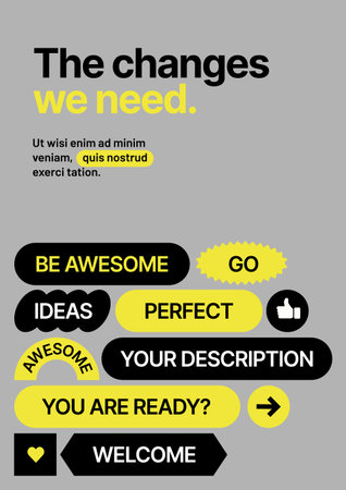 Font and paper product with y2k patches, labels, tags, stickers for flyer, poster, cover, brochure or banner. Layout template for message.のイラスト素材