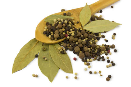 Spices, dried bay leaf and pepper