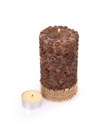 candle with coffee beans isolated on white backgroundの写真素材