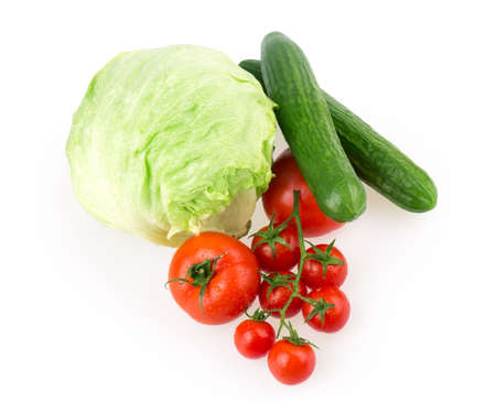 tomato, cucumber, cabbage isolated on white backgroundの写真素材