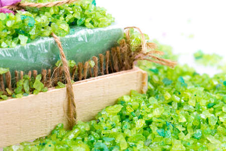 soap, bath salt isolated on white backgroundの写真素材