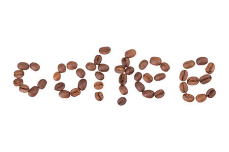 coffee beans, letters isolated on white backgroundの写真素材