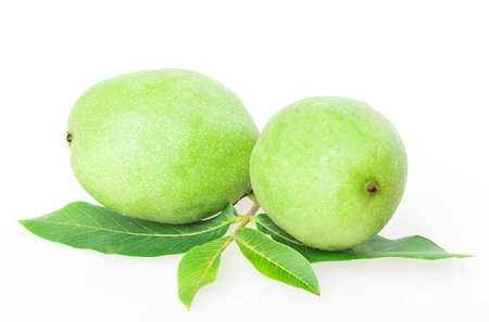 green walnuts isolated on white backgroundの写真素材