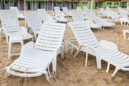 lounger parasol beach sea skyの写真素材
