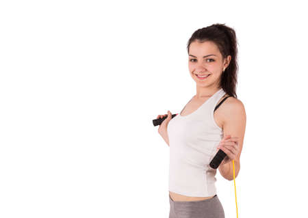 woman aerobics rope isolated on white background