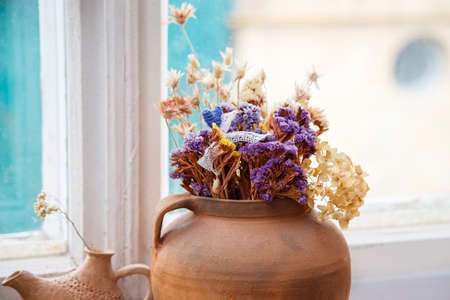 clay pot dry flower still lifeの写真素材