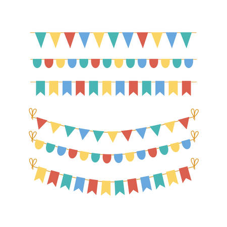 Rainbow colors flat style vector holiday flags garlands set on white backgroundのイラスト素材