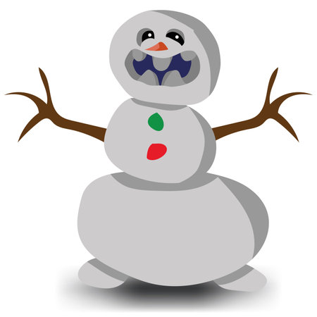 Cheerful snowman smiles with colorful buttons and bright teeth. vector illustration. hands made of woodのイラスト素材