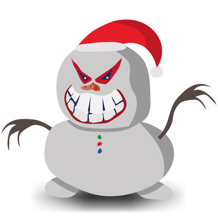 Little chubby angry snowman in a New Year's hat. Scary snowman with short arms. vector illustration.のイラスト素材