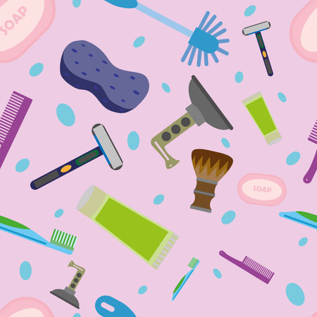 Seamless pattern with hand drawn soap, towels and bathroom accessories on a pastel background. Doodle, simple outline illustration. It can be used for decoration of textile, paper and other surfacesの写真素材