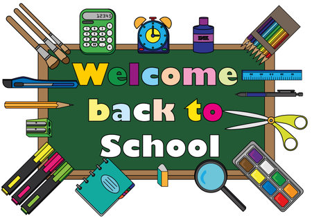 Welcome back to school Classroom supplies Notepad, bright Hand drawn cartoon styleのイラスト素材