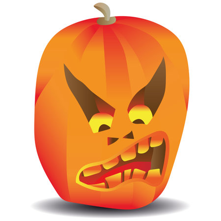 The pumpkin looks down with a fiery glow inside. Vector isolated illustration on white background. Traditional decoration, halloween celebration symbolのイラスト素材