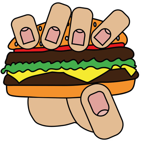 Hand holding a hamburger, isolated on white background in cartoon style in vector graphicのイラスト素材
