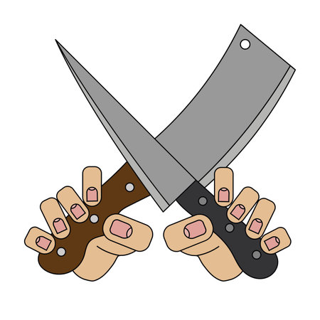 knife and kitchen hatchet in hands, picture isolated on white background in cartoon style in vector graphicのイラスト素材