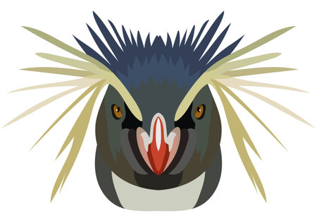 Royal penguin face. An illustration of the muzzle of a beautiful bird is depicted. Bright portrait on a white background. vector graphics. feather logoのイラスト素材