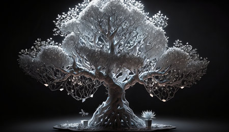 Black and white bonsai with many details and a unique shape that goes beyond the monitor. ai generationの素材