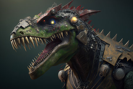 Cyberpunk metal dinosaur with iron spikes and normal armor. ai generationの素材