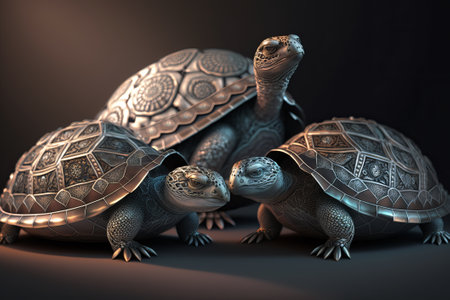 Three beautiful turtles with unusual shells are submissive to each other. ai generationの素材