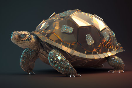 Golden Tortoise with diamond paws and precious stones on the shell. ai generationの素材