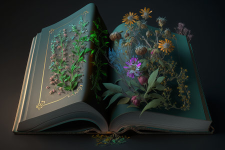 An incredible open book in dark colors with plants reveals the secret recipes of nature. World Book and Copyright Day. ai generationの素材