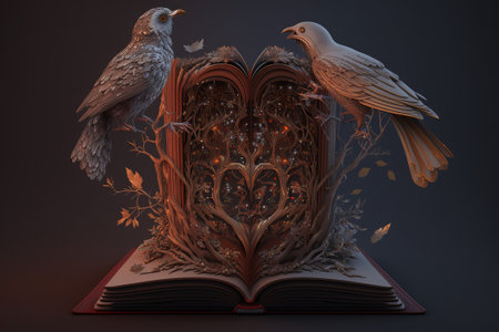 Mystical book about birds. With diamonds and feathered animals. ai generationの素材
