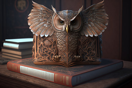 Ancient book about owls standing on the table with books about mysticism. World Book and Copyright Day. ai generationの素材