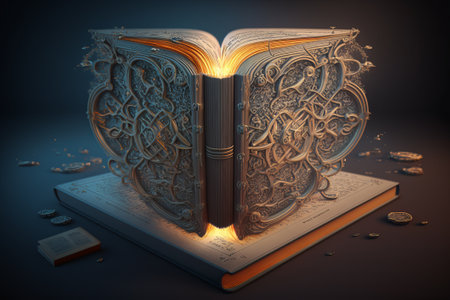 A luminous book from the inside with beautiful textures on the cover stands on a magazine of ancient knowledge with various objects nearby. World Book and Copyright Day. ai generationの素材