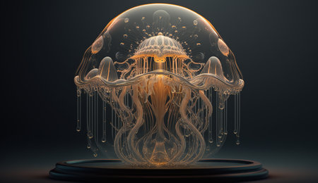 A crystal jellyfish of an unusual shape with many details stands on a stand. ai generationの素材