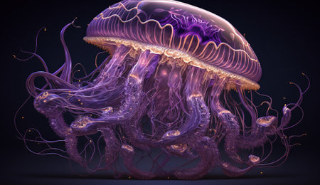 a purple jellyfish with a beautiful variety of uniquely shaped tentacles. ai generationの素材