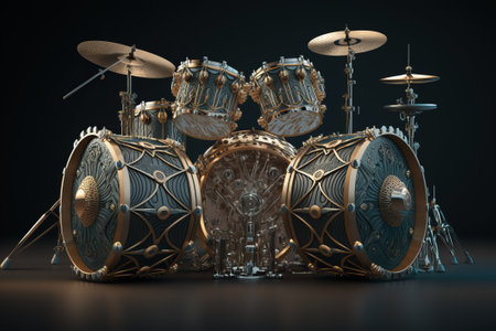 A black drum kit in gold rims with a lot of small details in the cyberpunk style is depicted on a dark background. ai generationの素材