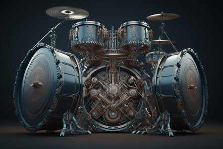 A blue Cyberpunk Drum Kit with a lot of small details on a dark background. ai generationの素材