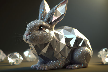 Diamond Easter Bunny in silver. Precious eggs in the background. ai generationの素材