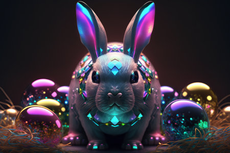 Diamond Easter neon bunny with bright colorful eggs around. ai generationの素材