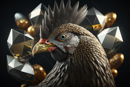 A black bright chicken with a golden beak against the background of titanium gems and golden eggs. ai generationの素材