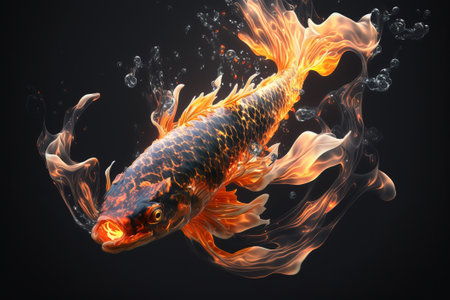 Bright Black koi carp fish with fiery fins swims underwater with glowing mouth and water splashes. ai generationの素材