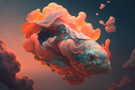Unusual koi fish flying in the clouds. Colored carp in gentle colors floats in the air. ai generationの素材