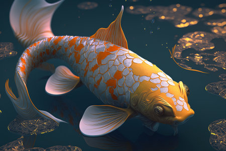 White koi underwater with orange and yellow scales. ai generationの素材
