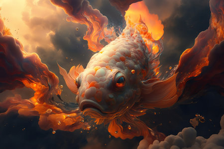 Incredible koi fish flying in fiery clouds. Colored carp in white scales floats in the air. ai generationの素材