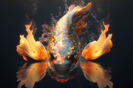 A black firefish koi soars above the surface of the water. Colored dark carp dives into the water with splashes. ai generationの素材